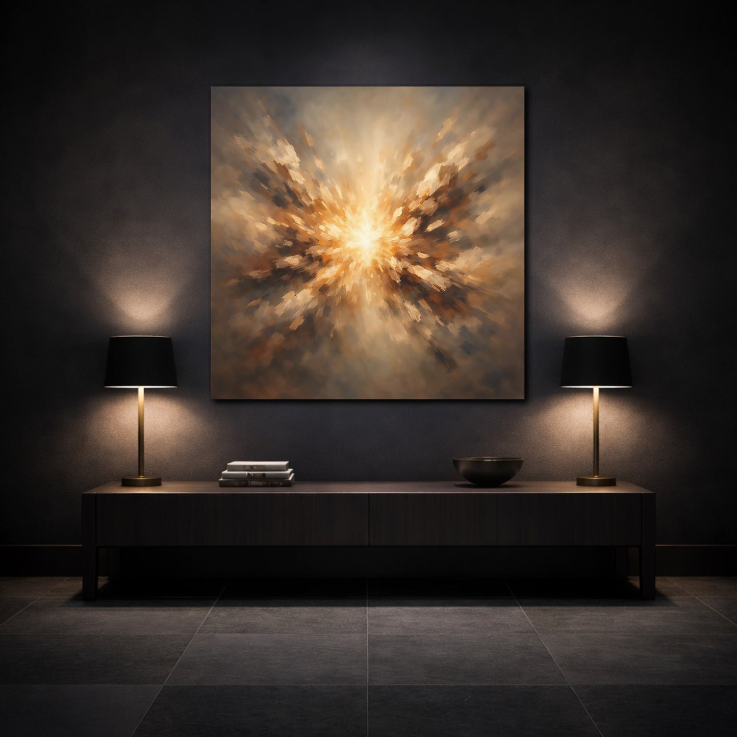 Mockup 3. Abstract Light Burst Brown And Gold shown as stretched canvas wall art
