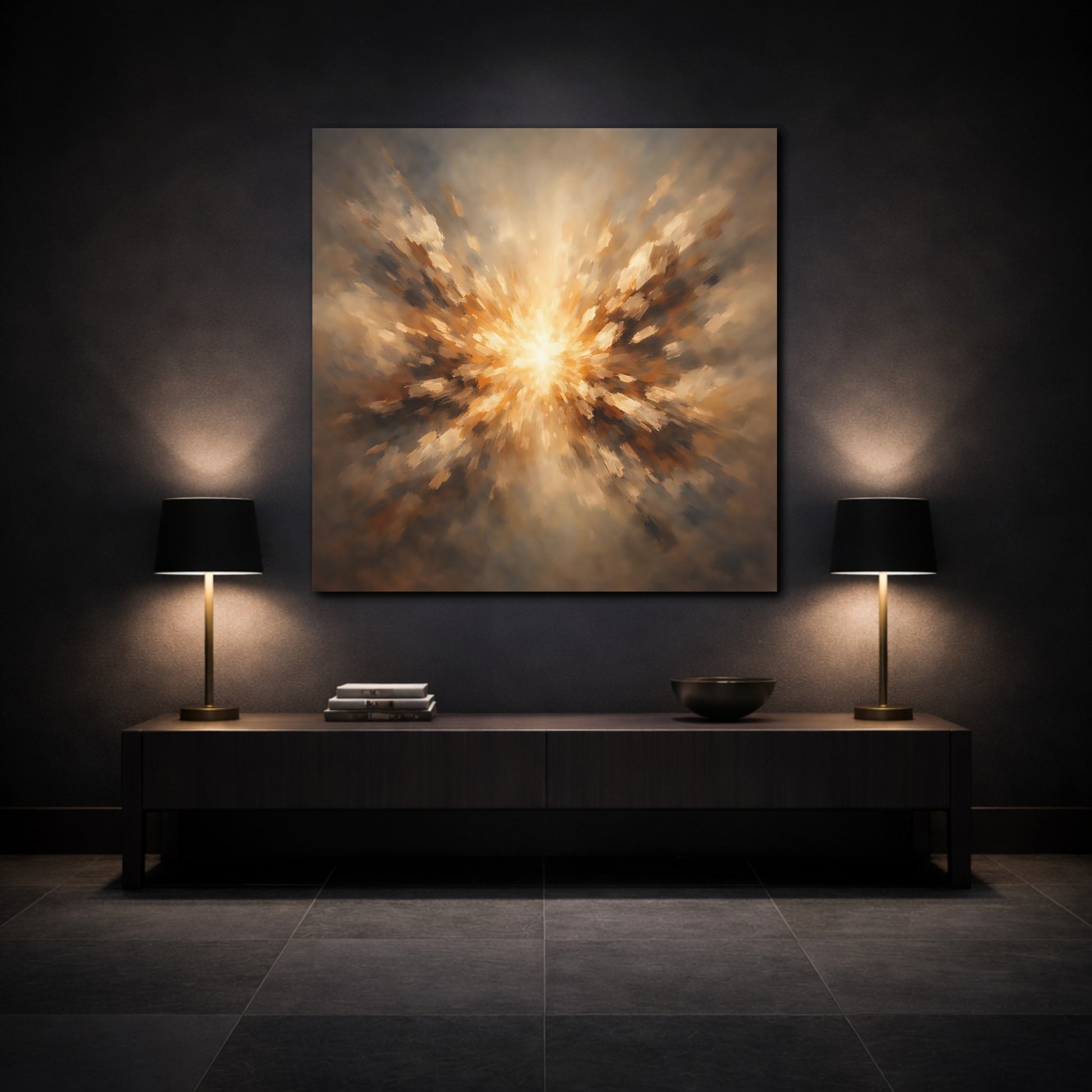Mockup 3. Abstract Light Burst Brown And Gold shown as stretched canvas wall art