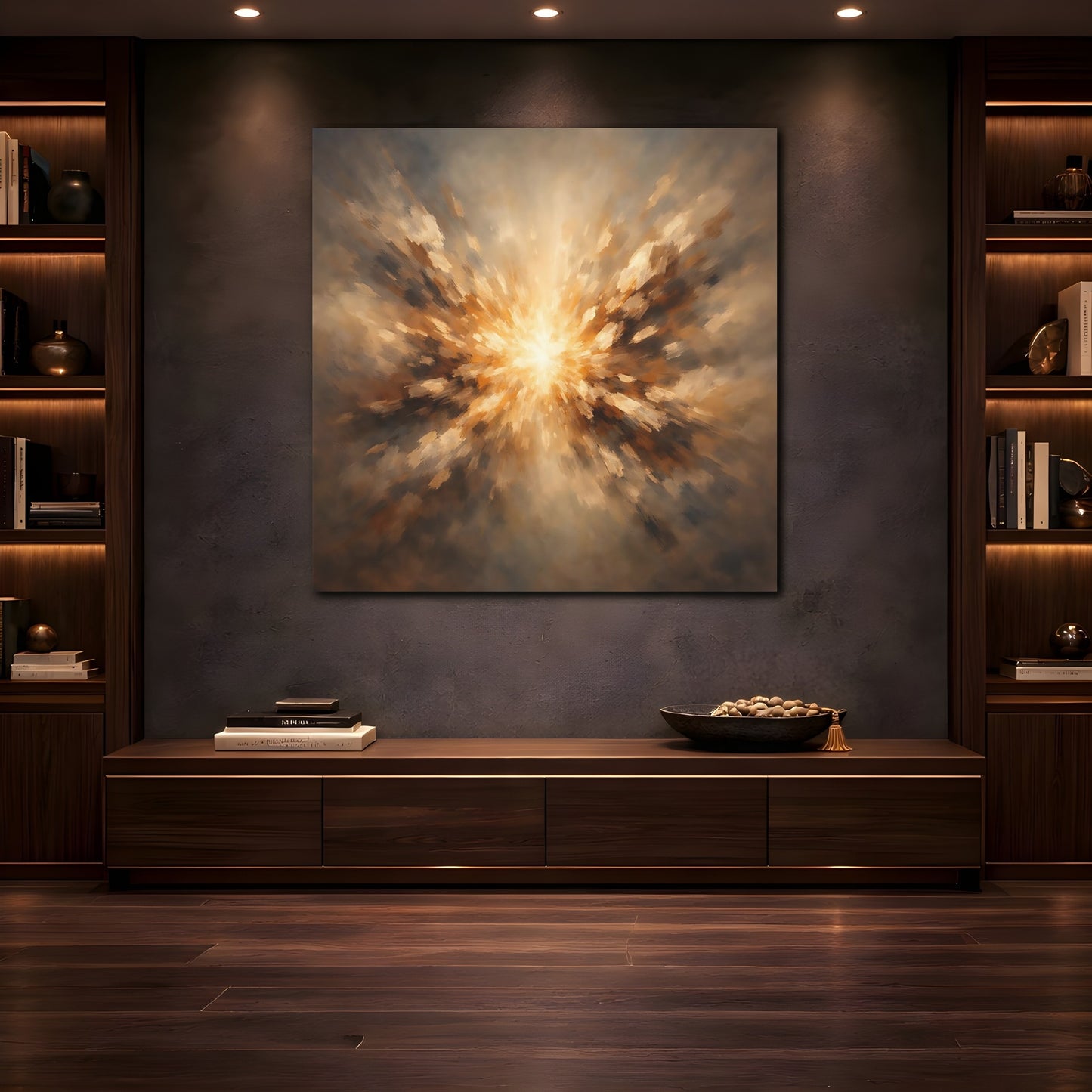 Mockup 4. Abstract Light Burst Brown And Gold shown as stretched canvas wall art