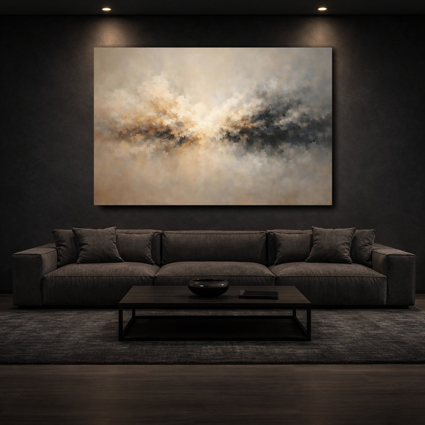 Mockup 2. Abstract Light Burst Brown And Grey Abstract shown as stretched canvas wall art