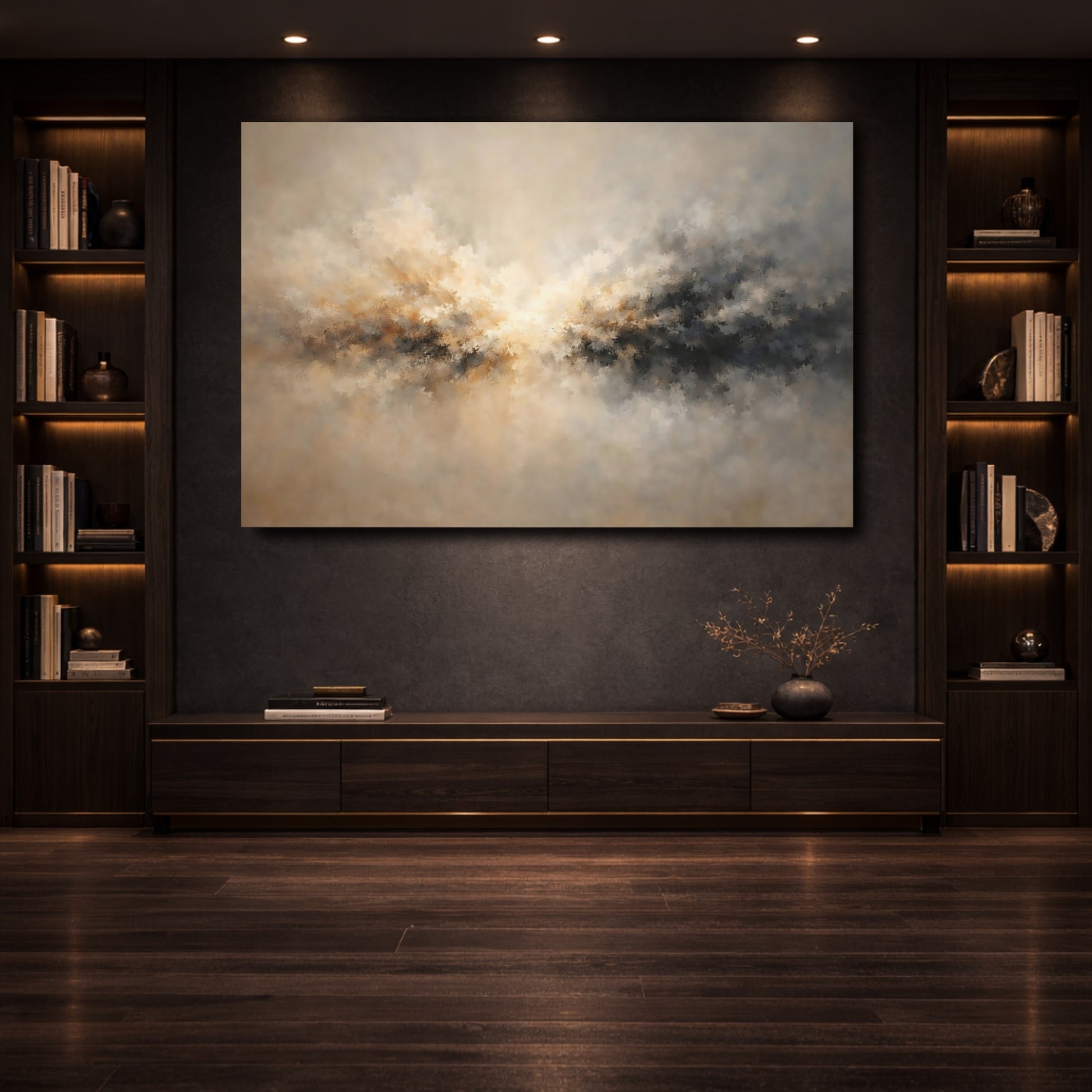 Mockup 3. Abstract Light Burst Brown And Grey Abstract shown as stretched canvas wall art