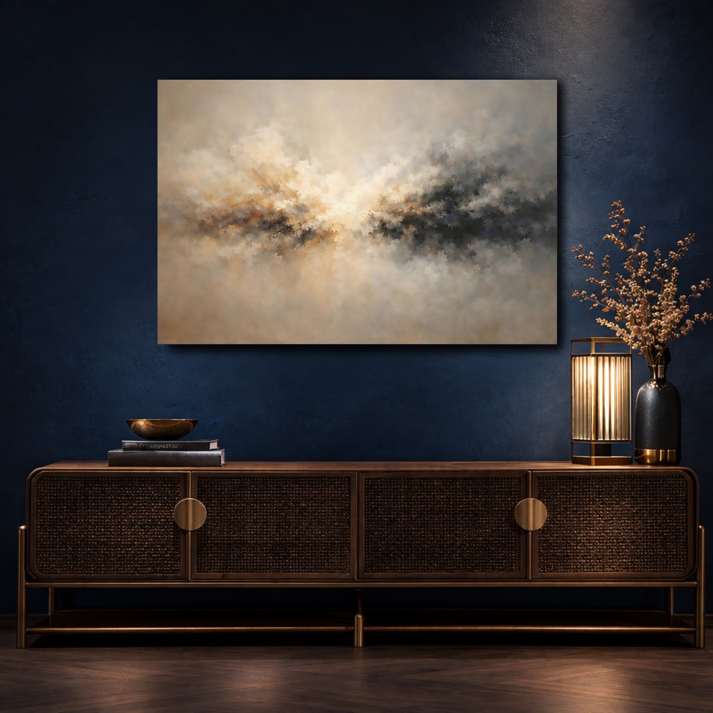 Mockup 4. Abstract Light Burst Brown And Grey Abstract shown as stretched canvas wall art