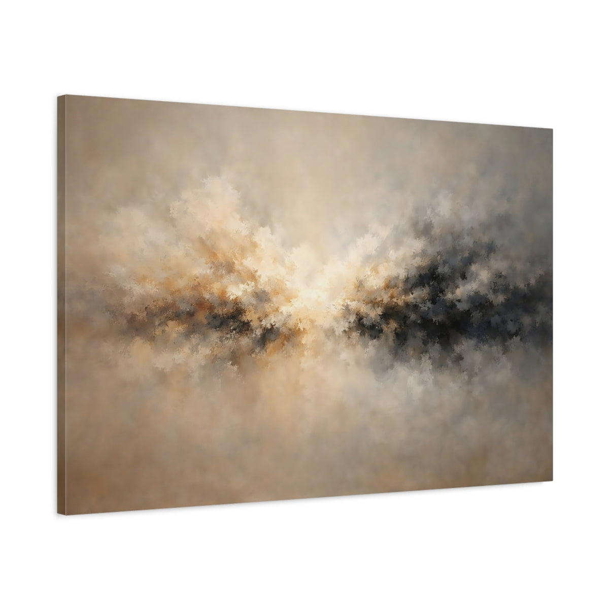 Side Mockup 1. Abstract Light Burst Brown And Grey Abstract shown as stretched canvas wall art