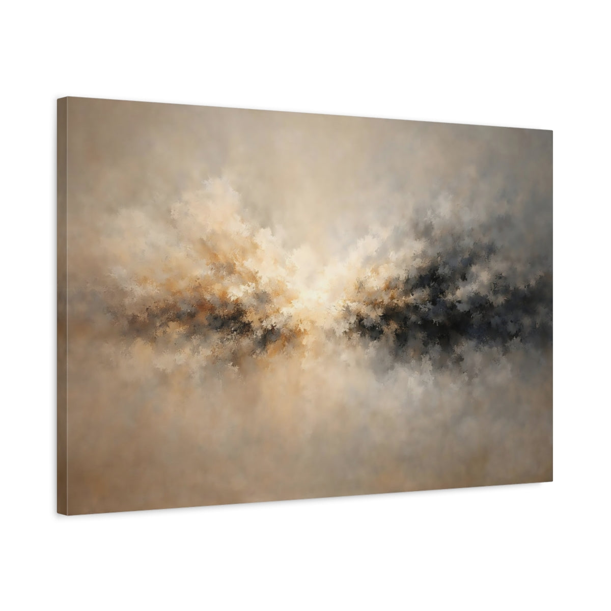 Side Mockup 2. Abstract Light Burst Brown And Grey Abstract shown as stretched canvas wall art