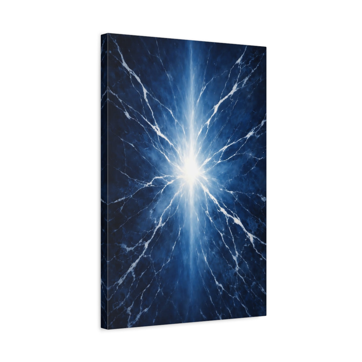 Side Mockup 3. Abstract Light Burst Electric Blue shown as stretched canvas wall art