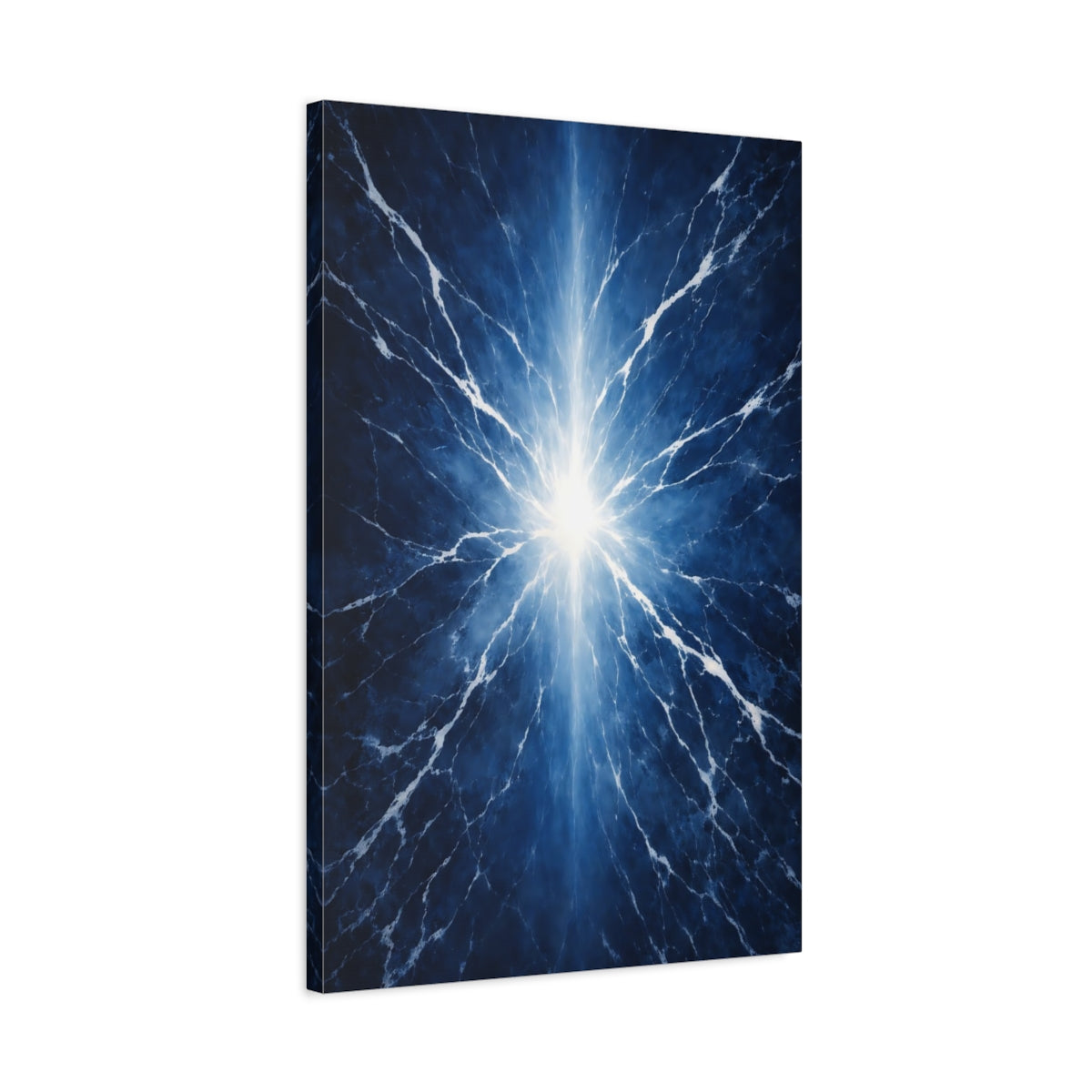 Side Mockup 2. Abstract Light Burst Electric Blue shown as stretched canvas wall art