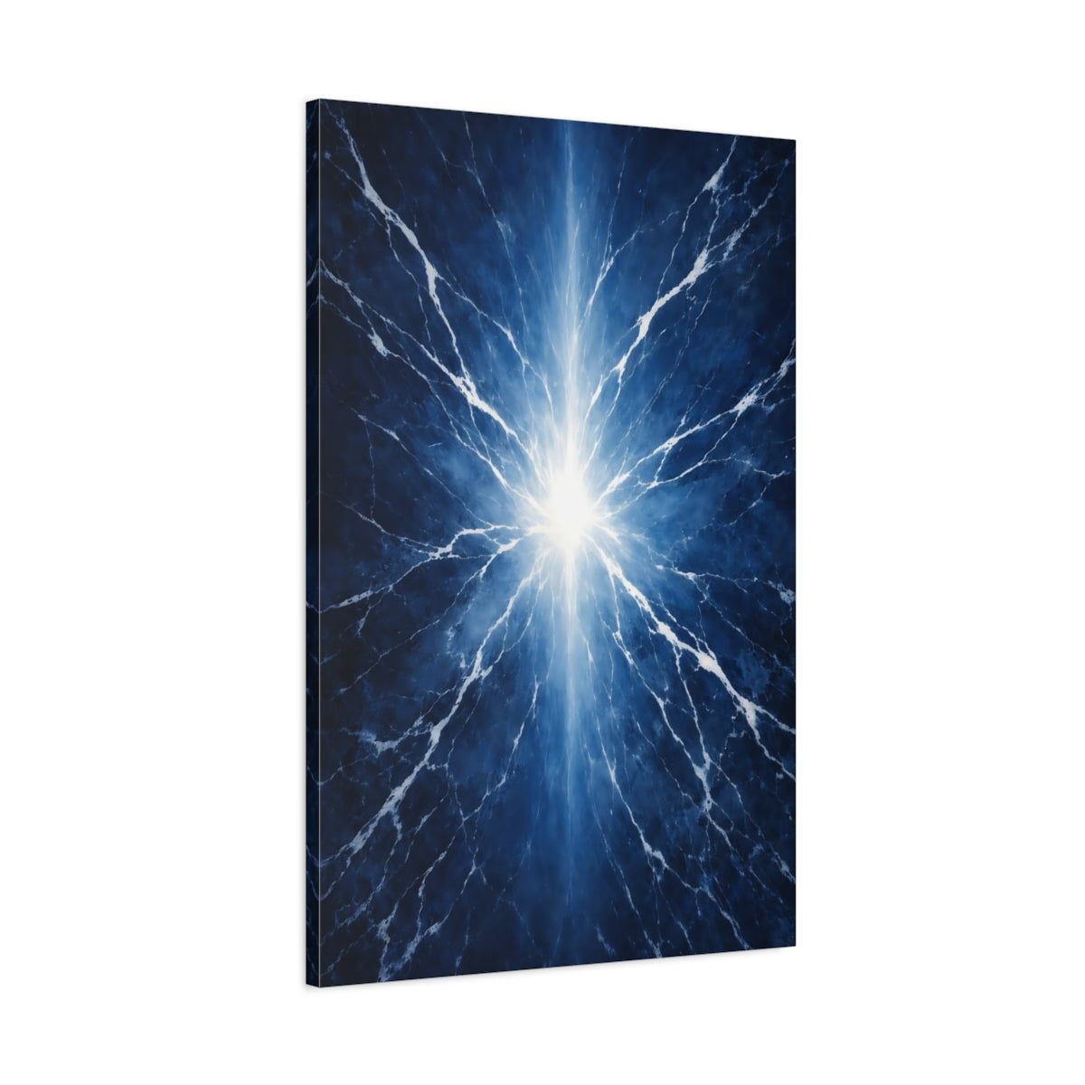 Side Mockup 1. Abstract Light Burst Electric Blue shown as stretched canvas wall art