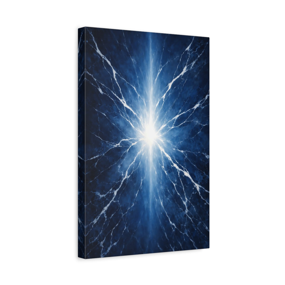 Side Mockup 4. Abstract Light Burst Electric Blue shown as stretched canvas wall art