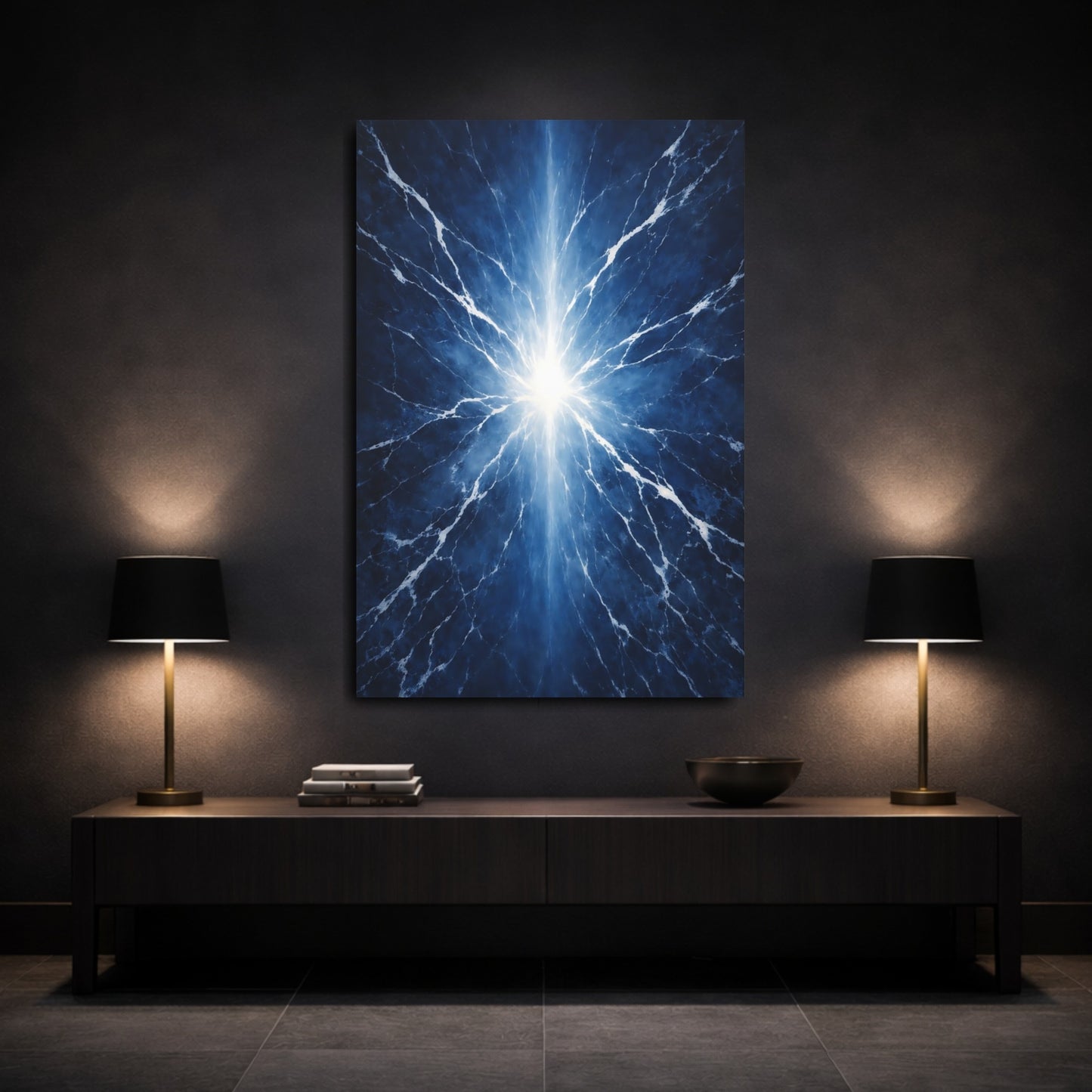 Mockup 2. Abstract Light Burst Electric Blue shown as stretched canvas wall art