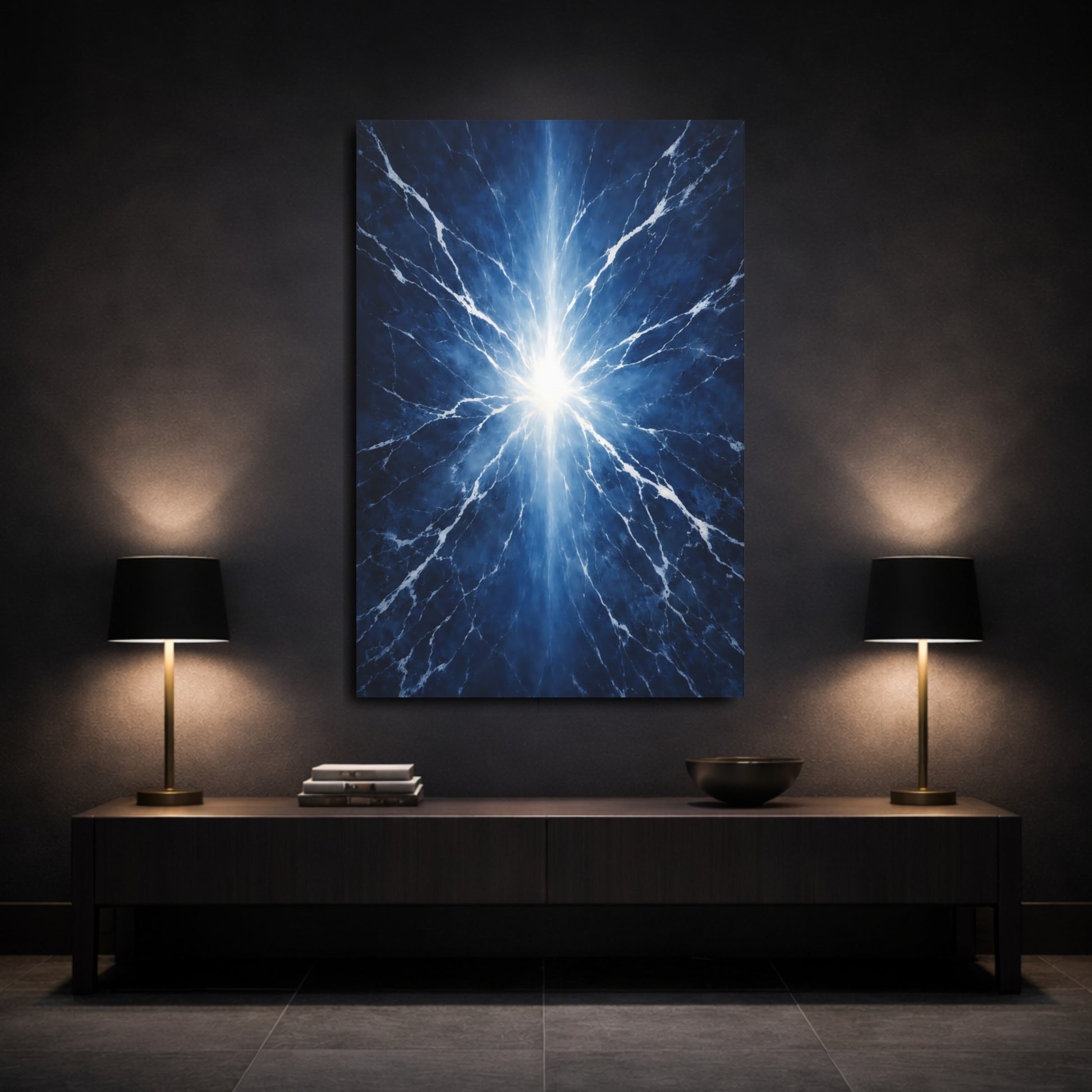 Mockup 2. Abstract Light Burst Electric Blue shown as stretched canvas wall art