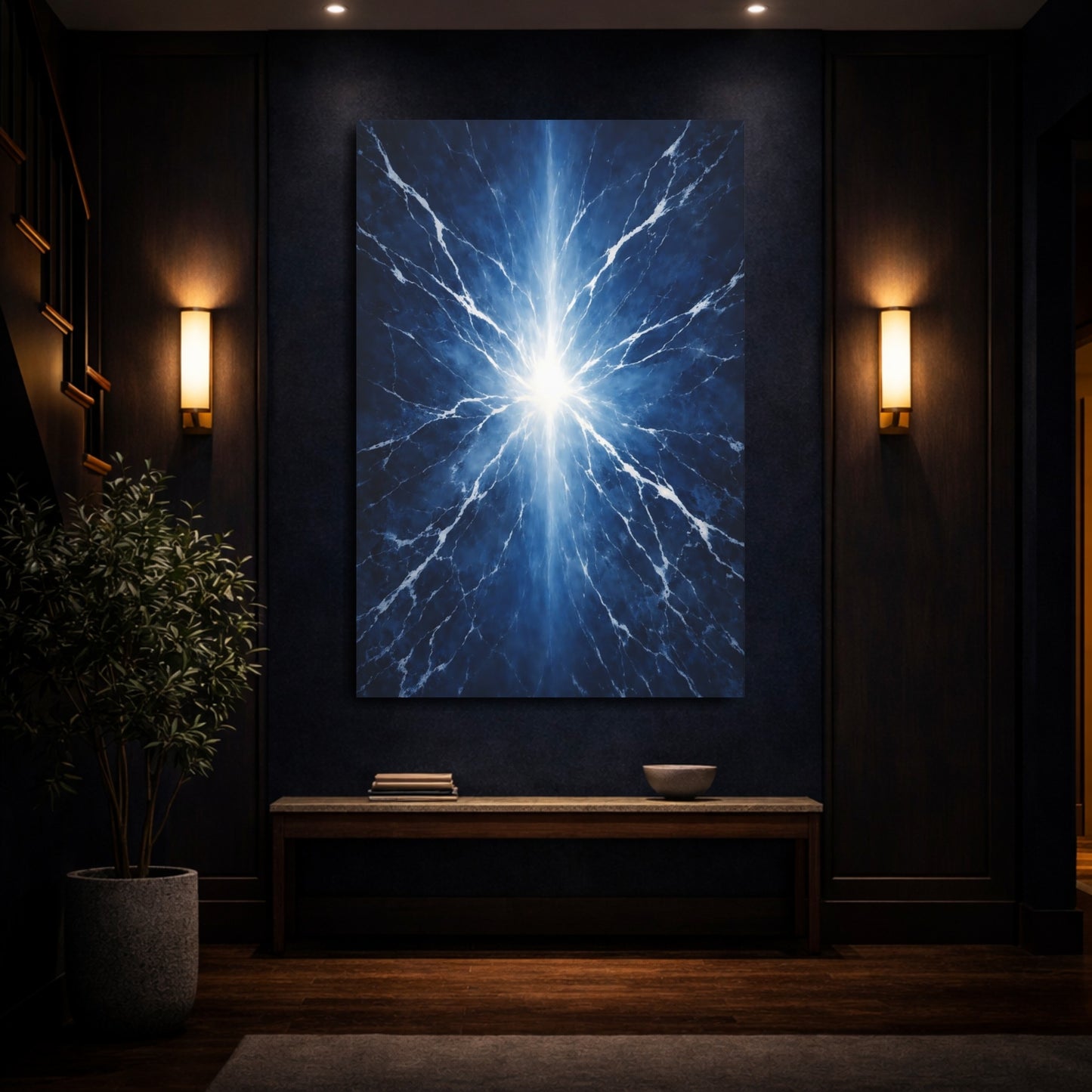 Mockup 3. Abstract Light Burst Electric Blue shown as stretched canvas wall art