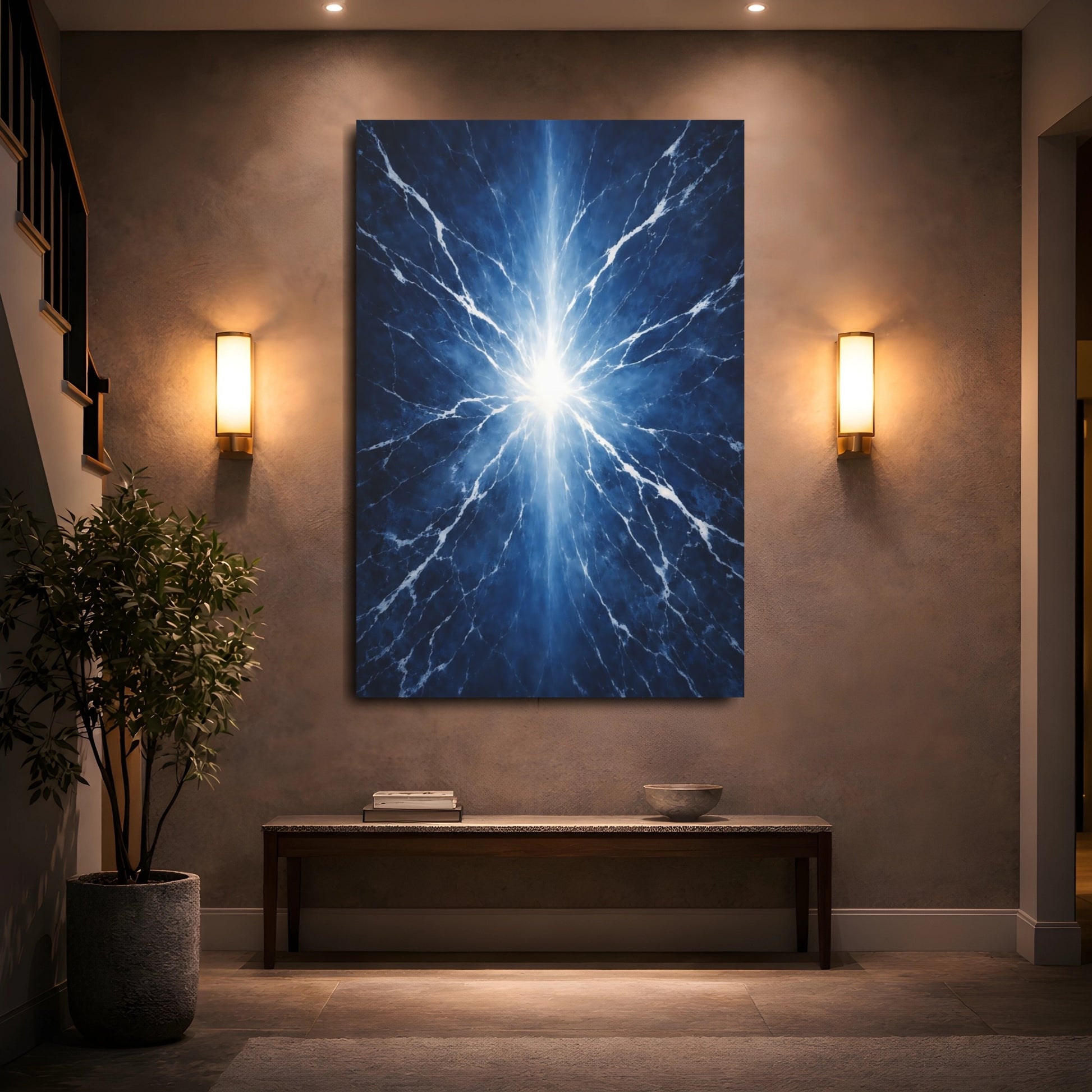 Mockup 4. Abstract Light Burst Electric Blue shown as stretched canvas wall art