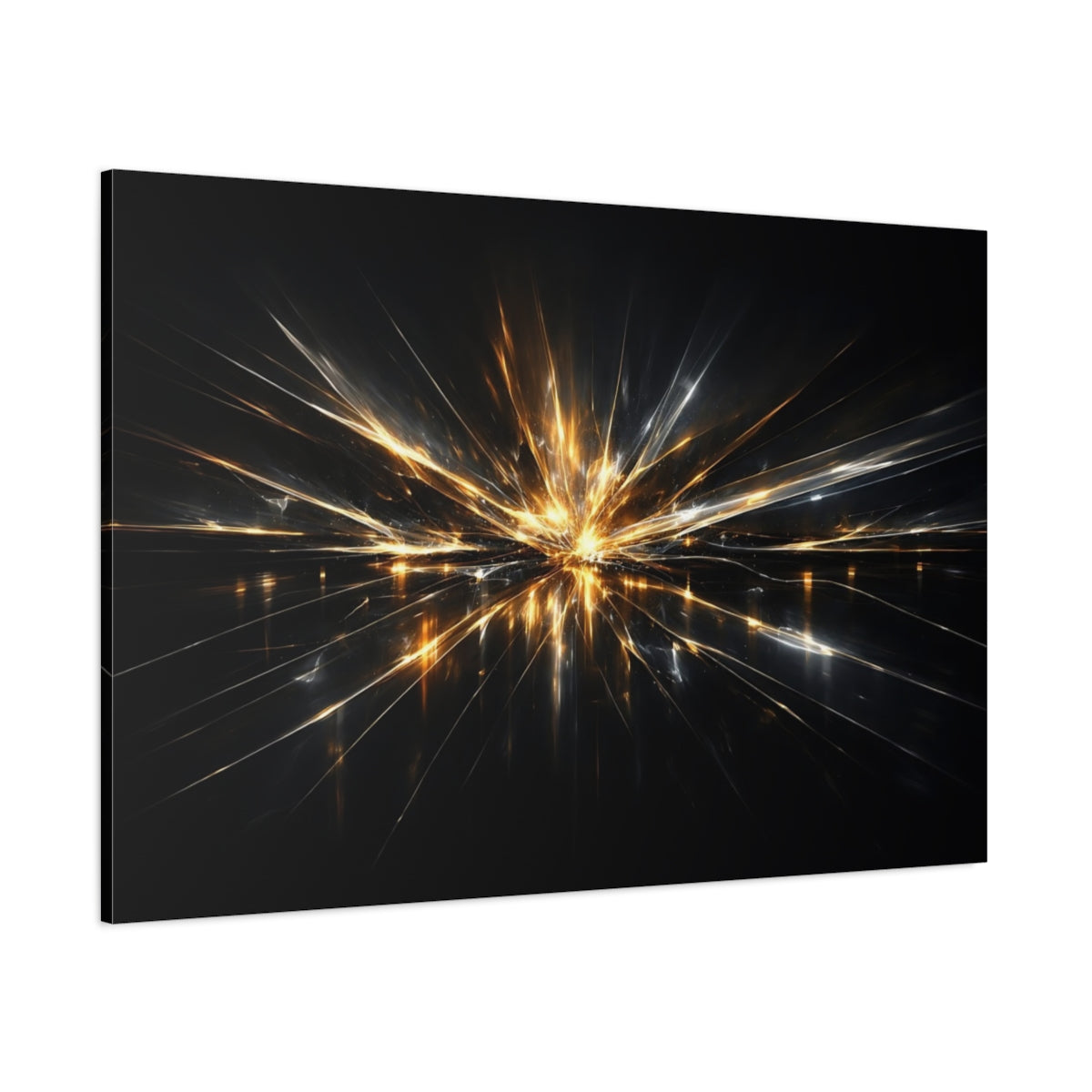 Main Mockup. Abstract Light Burst Gold And Black Abstract shown as stretched canvas wall art
