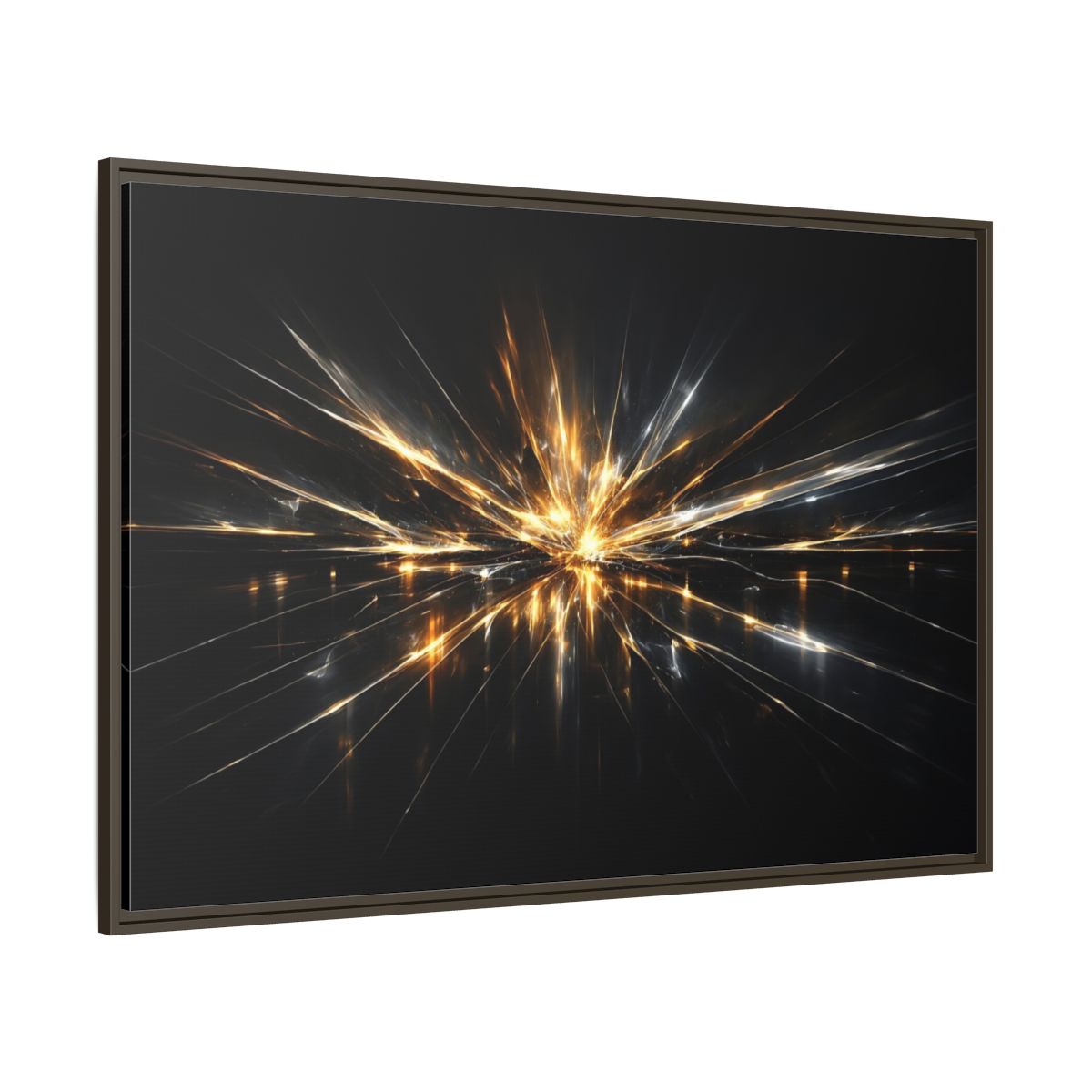 Main Mockup. Abstract Light Burst Gold And Black Abstract shown as stretched canvas wall art
