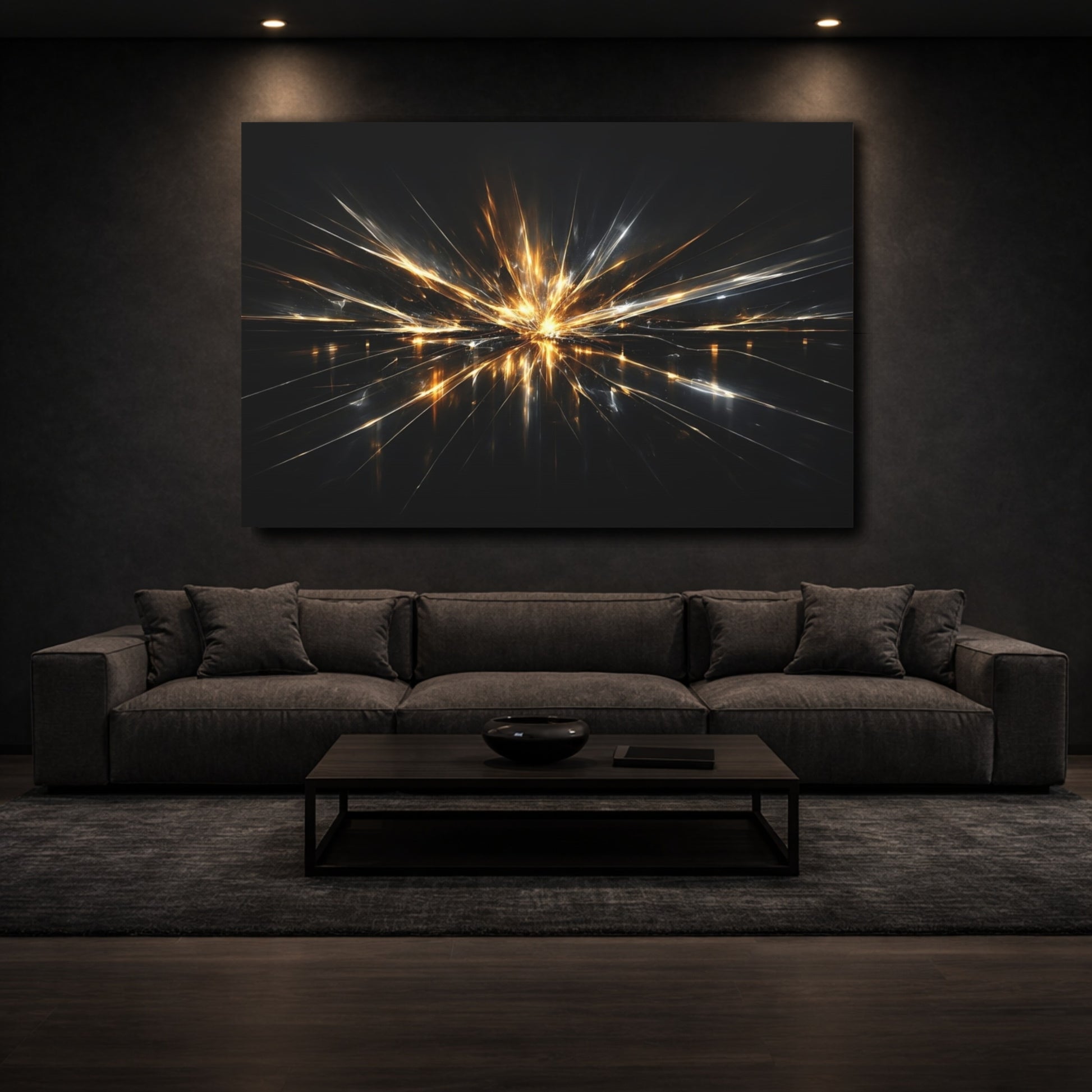 Mockup 2. Abstract Light Burst Gold And Black Abstract shown as stretched canvas wall art
