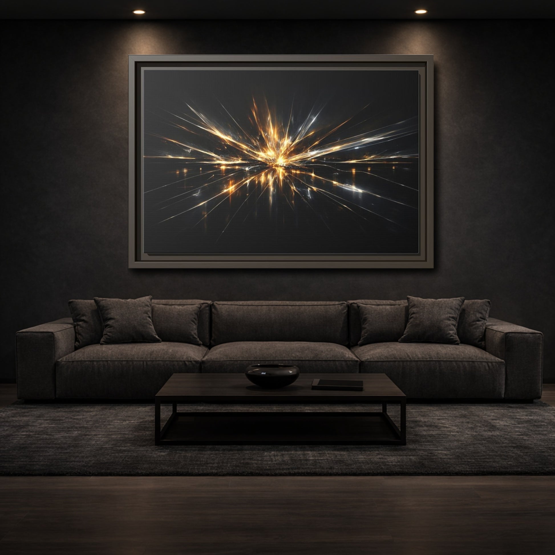 Mockup 2. Abstract Light Burst Gold And Black Abstract shown as stretched canvas wall art