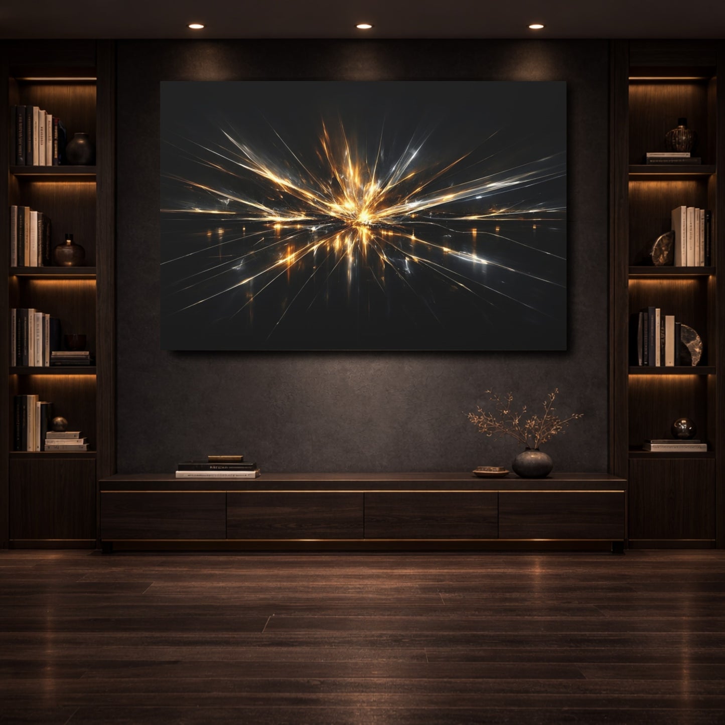 Mockup 3. Abstract Light Burst Gold And Black Abstract shown as stretched canvas wall art
