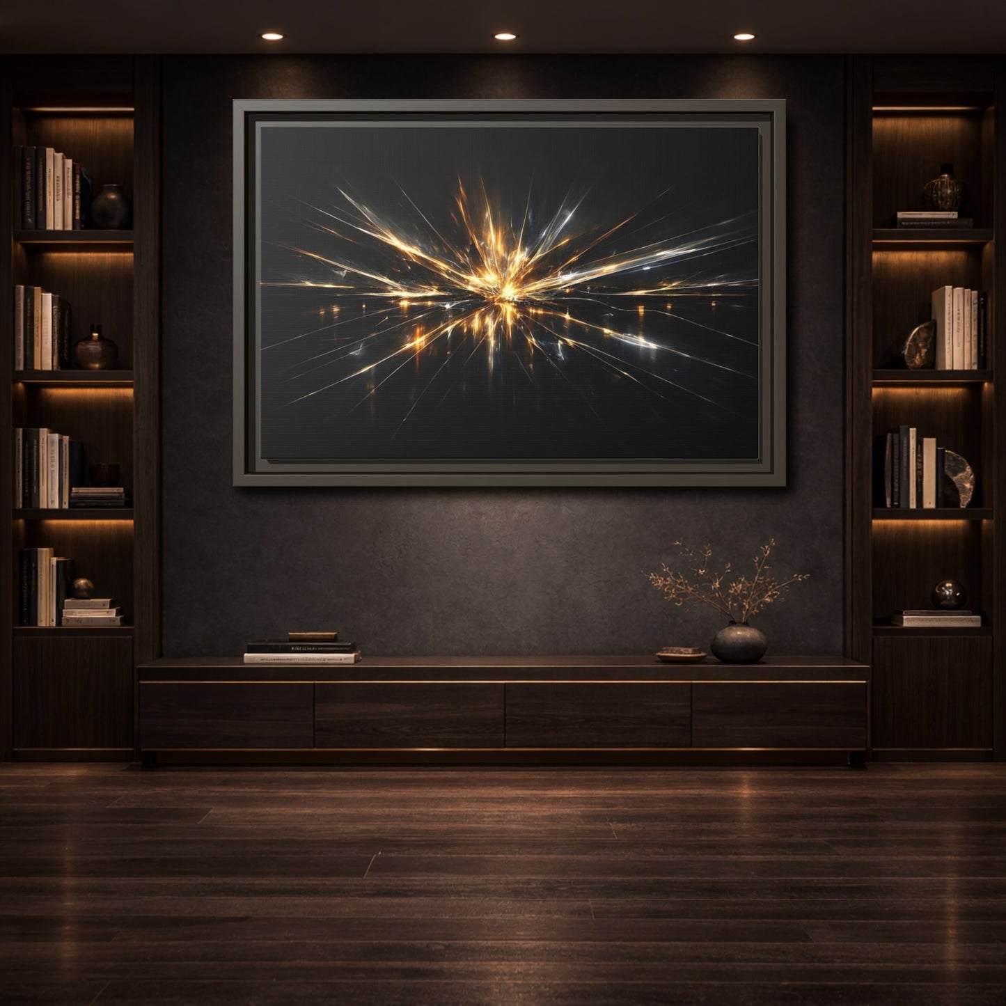 Mockup 3. Abstract Light Burst Gold And Black Abstract shown as stretched canvas wall art