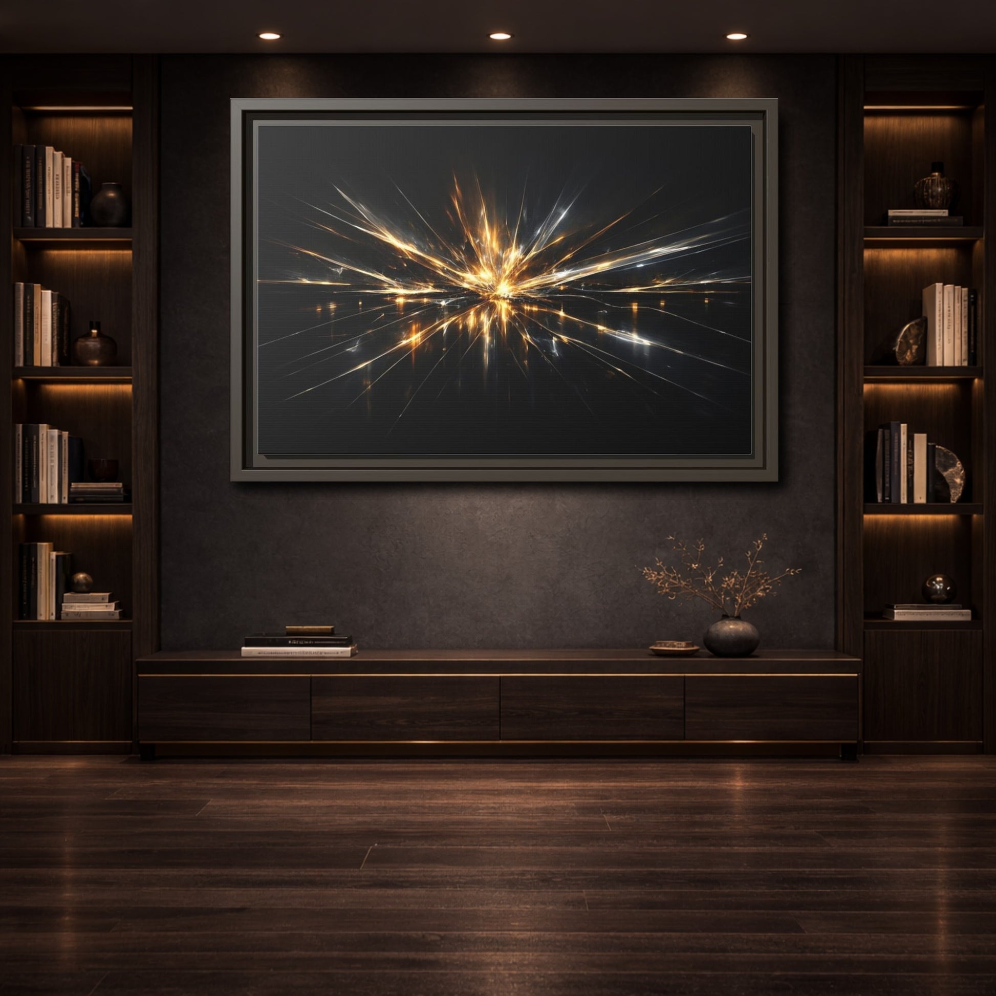 Mockup 3. Abstract Light Burst Gold And Black Abstract shown as stretched canvas wall art