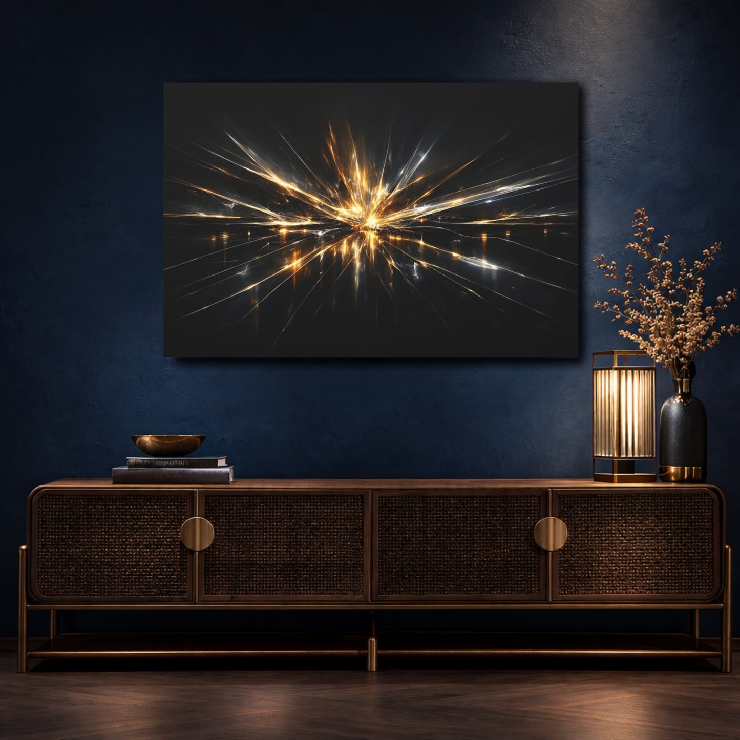 Mockup 4. Abstract Light Burst Gold And Black Abstract shown as stretched canvas wall art