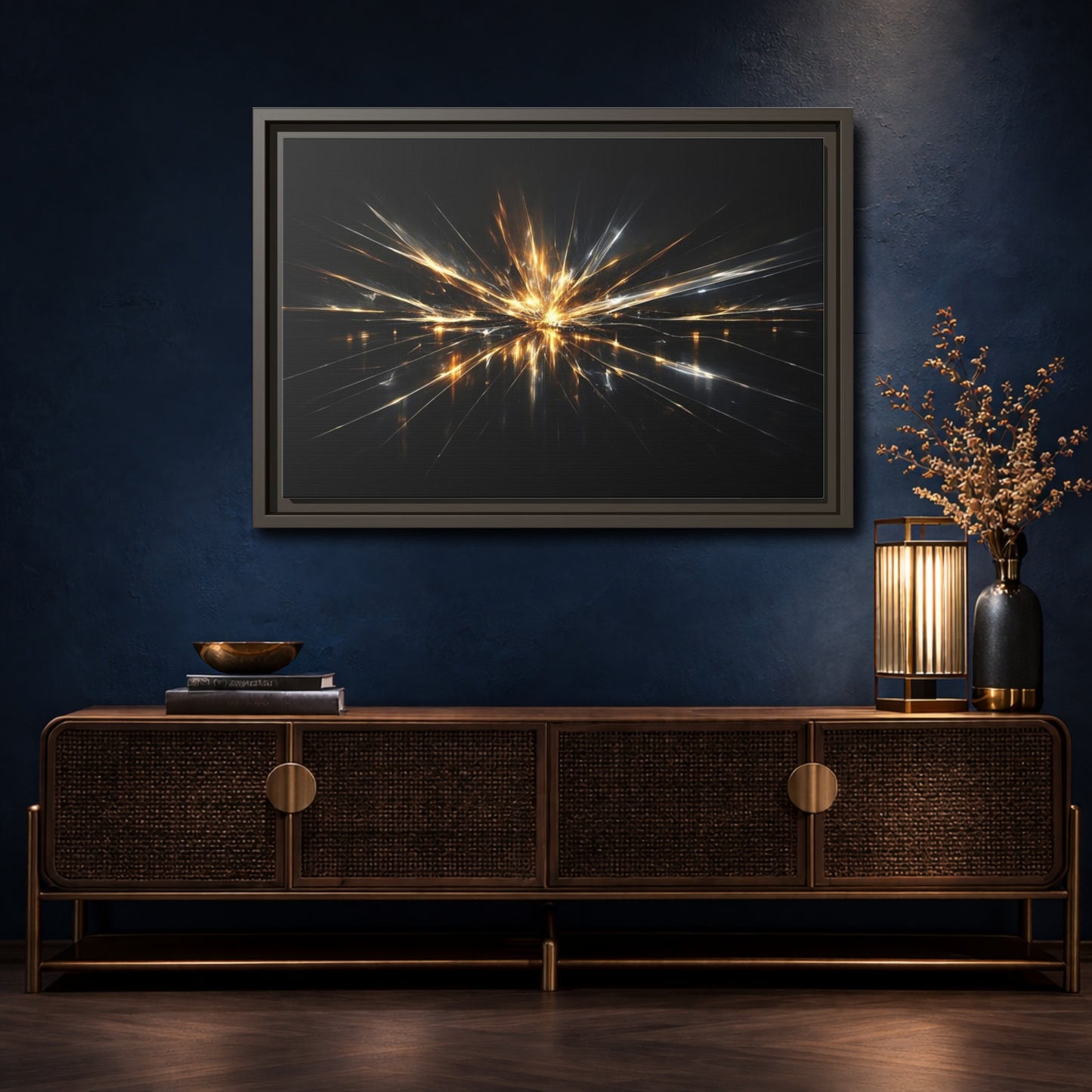 Mockup 4. Abstract Light Burst Gold And Black Abstract shown as stretched canvas wall art