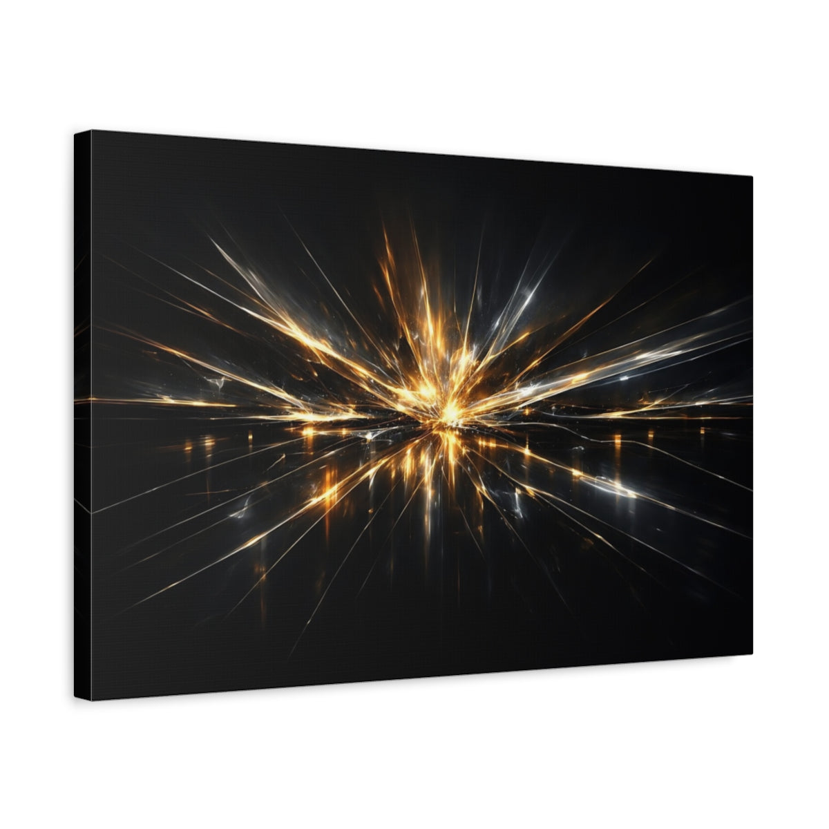 Side Mockup 3. Abstract Light Burst Gold And Black Abstract shown as stretched canvas wall art