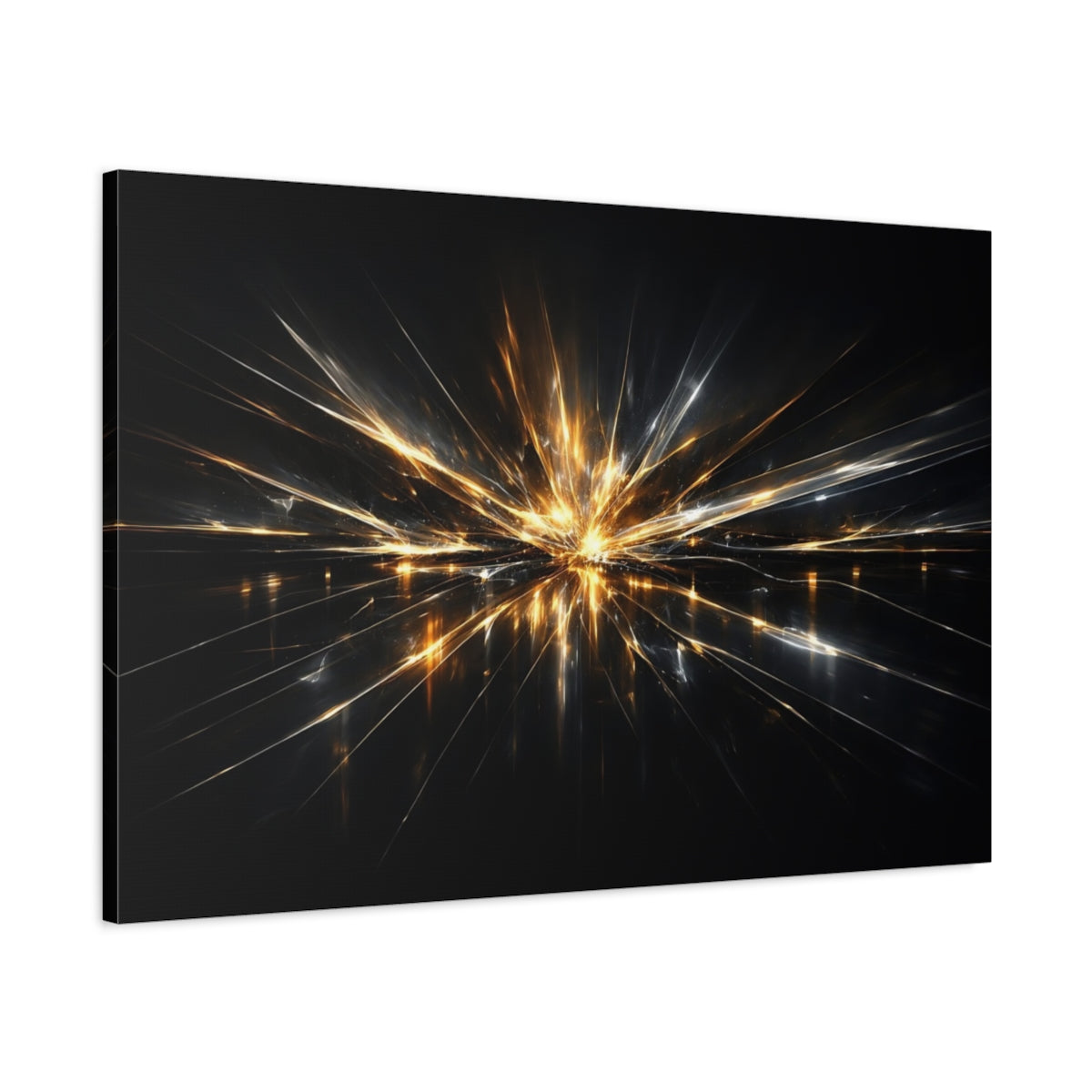 Side Mockup 1. Abstract Light Burst Gold And Black Abstract shown as stretched canvas wall art