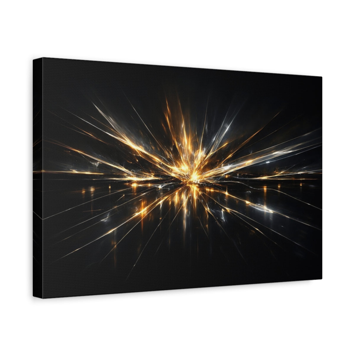 Side Mockup 4. Abstract Light Burst Gold And Black Abstract shown as stretched canvas wall art