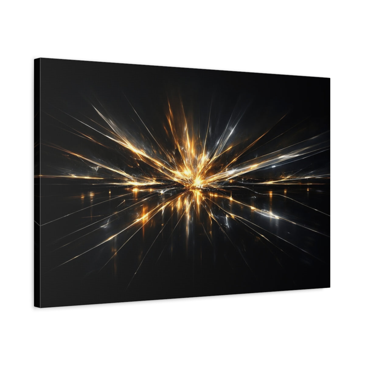 Side Mockup 2. Abstract Light Burst Gold And Black Abstract shown as stretched canvas wall art
