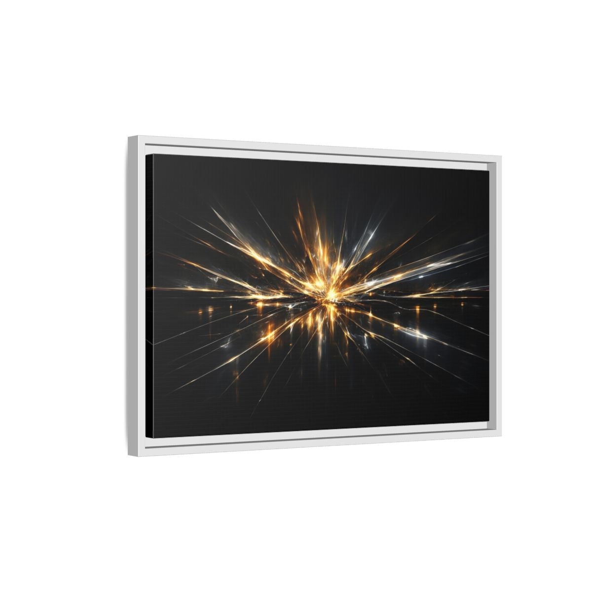 Side Mockup 1. Abstract Light Burst Gold And Black Abstract shown as stretched canvas wall art