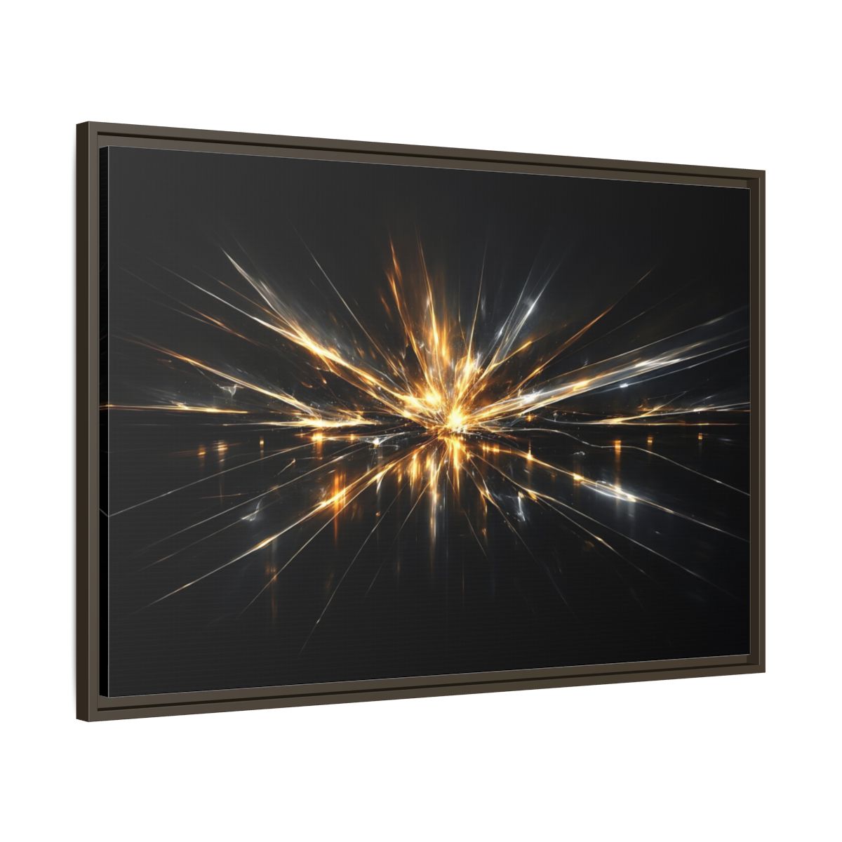 Side Mockup 9. Abstract Light Burst Gold And Black Abstract shown as stretched canvas wall art