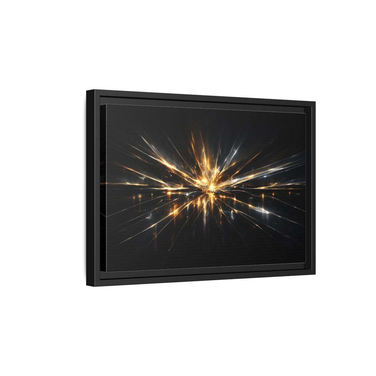 Side Mockup 6. Abstract Light Burst Gold And Black Abstract shown as stretched canvas wall art