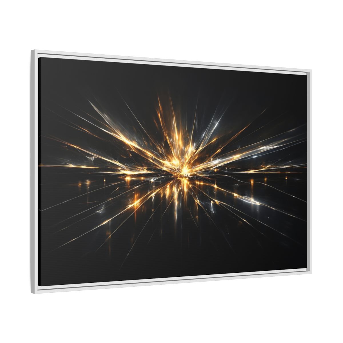 Side Mockup 7. Abstract Light Burst Gold And Black Abstract shown as stretched canvas wall art