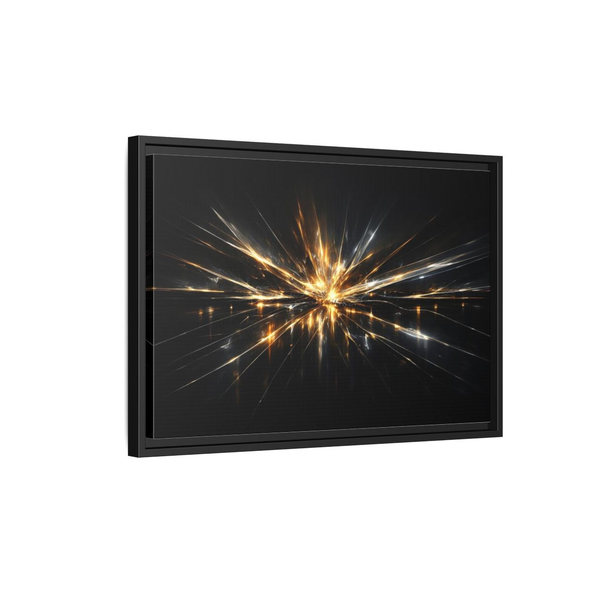Side Mockup 3. Abstract Light Burst Gold And Black Abstract shown as stretched canvas wall art
