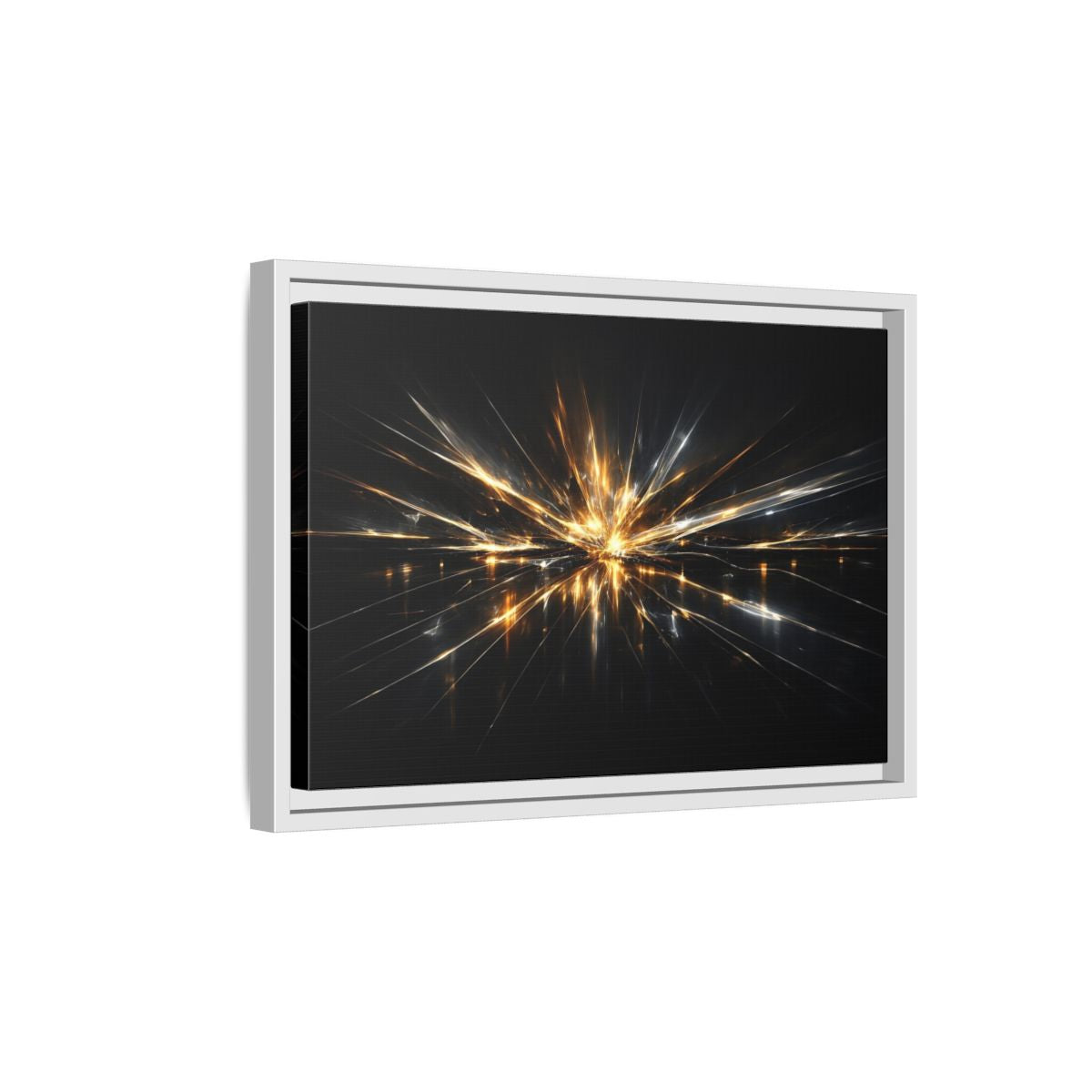 Side Mockup 4. Abstract Light Burst Gold And Black Abstract shown as stretched canvas wall art
