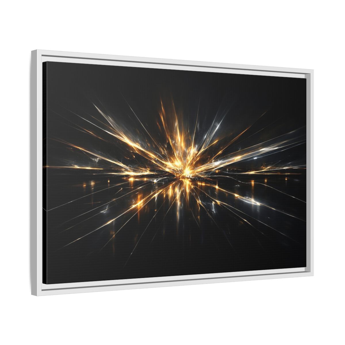 Side Mockup 10. Abstract Light Burst Gold And Black Abstract shown as stretched canvas wall art