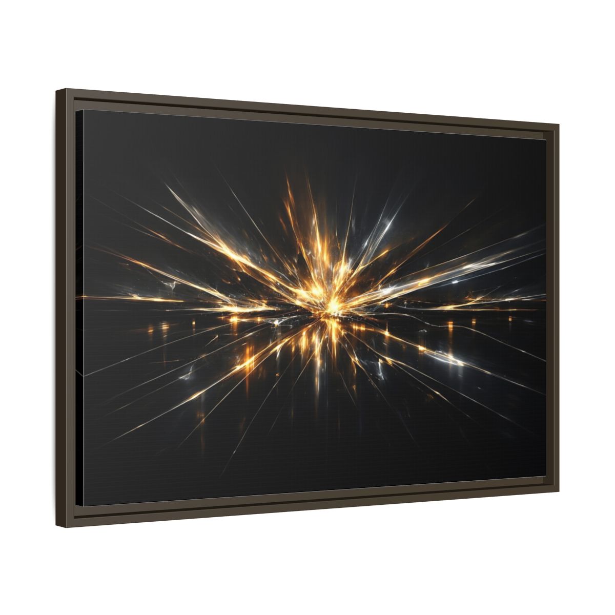 Side Mockup 11. Abstract Light Burst Gold And Black Abstract shown as stretched canvas wall art