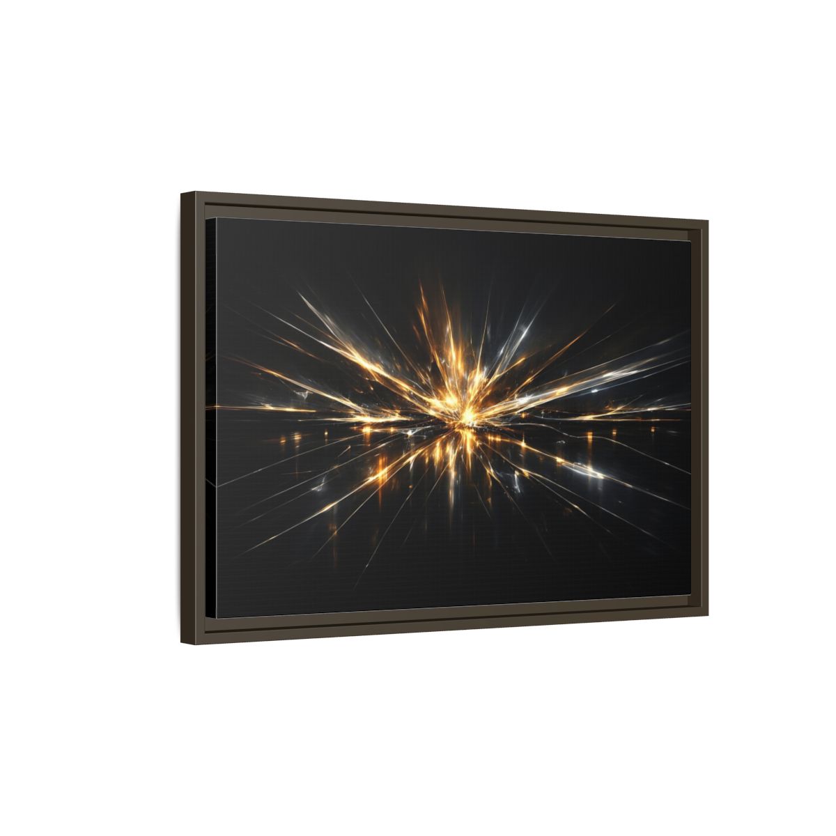 Side Mockup 2. Abstract Light Burst Gold And Black Abstract shown as stretched canvas wall art
