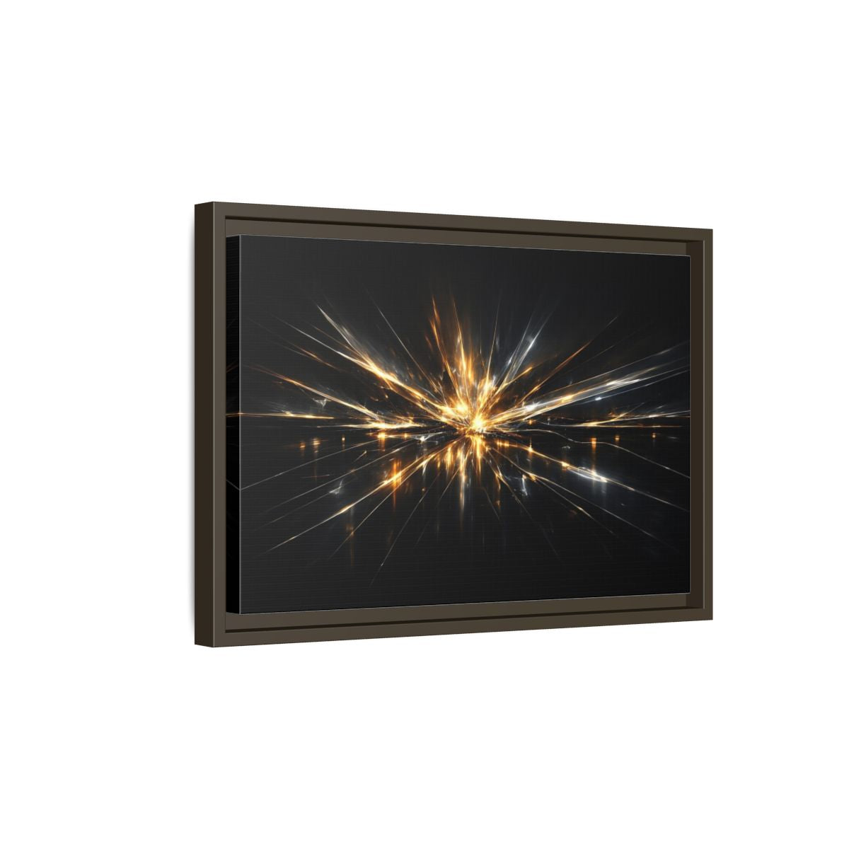 Side Mockup 5. Abstract Light Burst Gold And Black Abstract shown as stretched canvas wall art