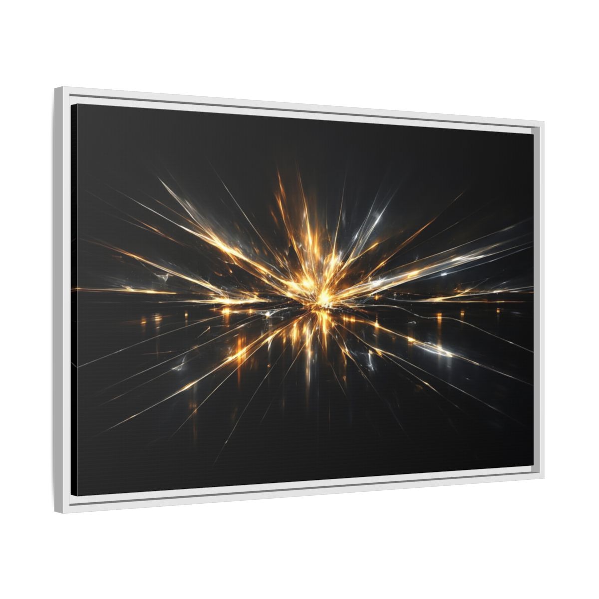 Side Mockup 8. Abstract Light Burst Gold And Black Abstract shown as stretched canvas wall art