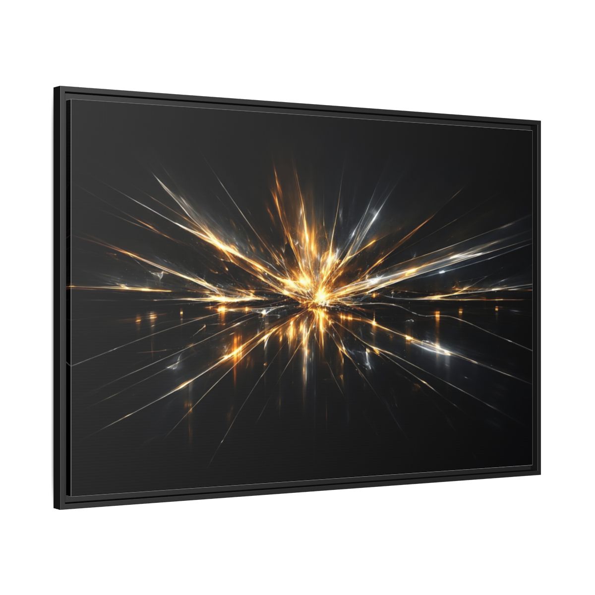 Side Mockup 12. Abstract Light Burst Gold And Black Abstract shown as stretched canvas wall art