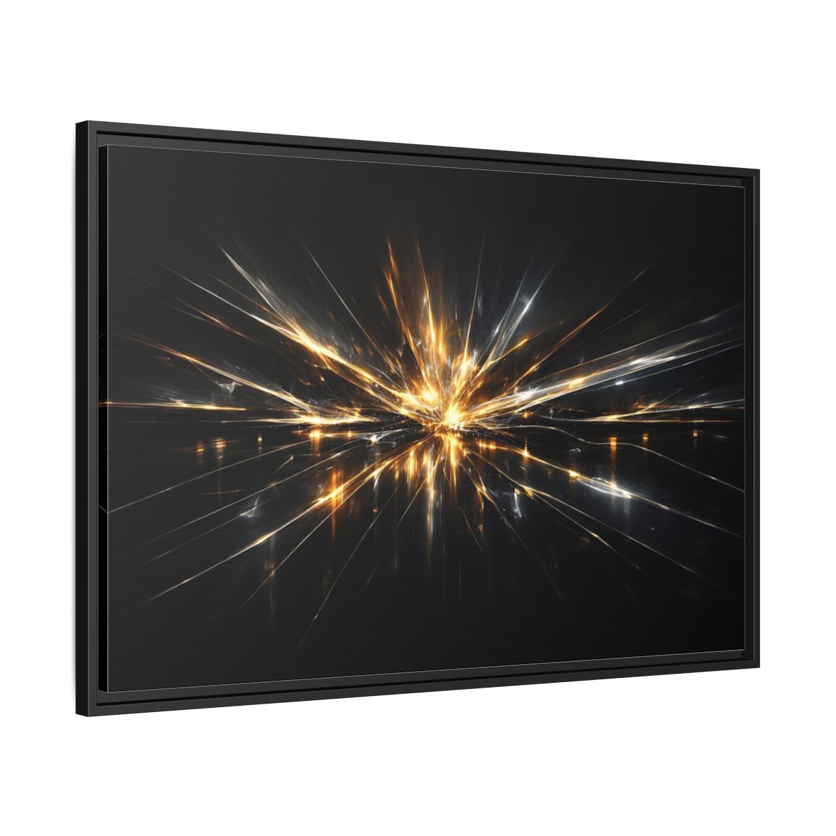 Side Mockup 13. Abstract Light Burst Gold And Black Abstract shown as stretched canvas wall art