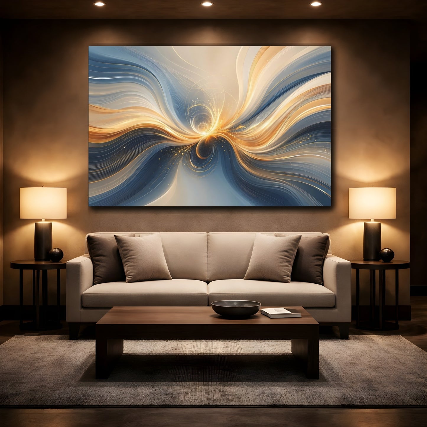 Mockup 2. Abstract Light Burst Gold And Blue Abstract shown as stretched canvas wall art