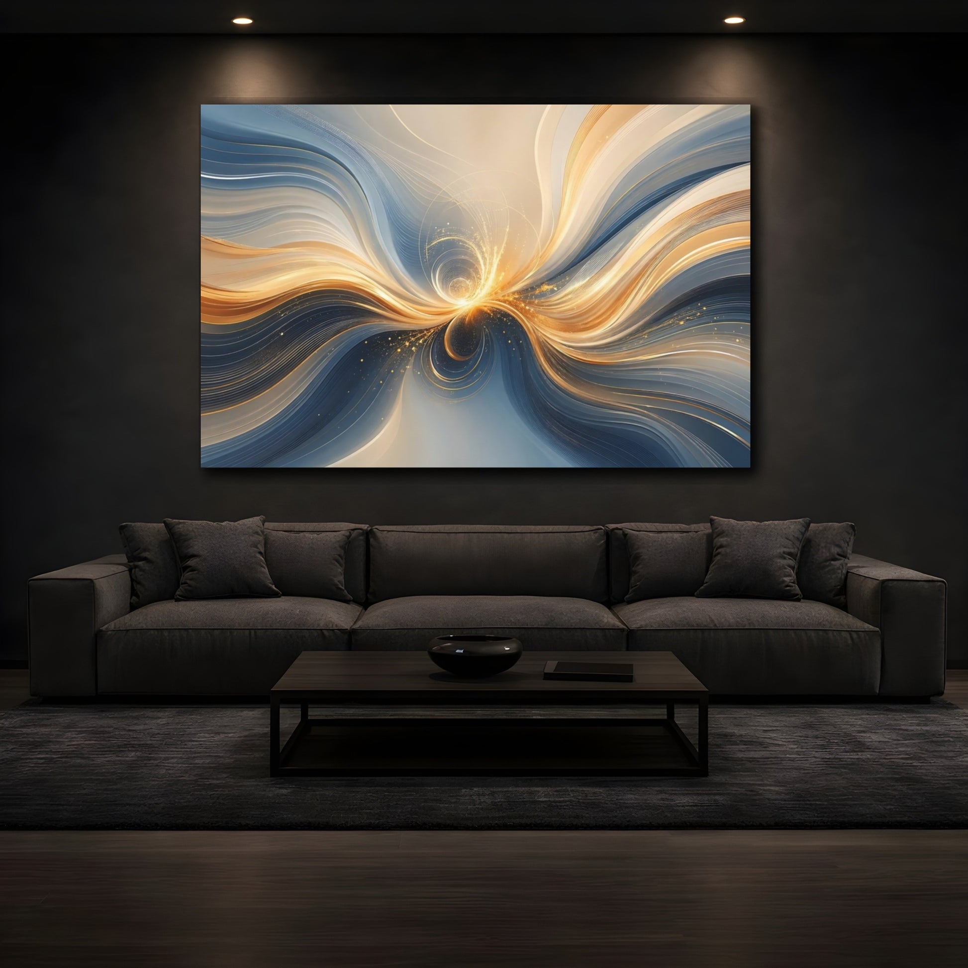 Mockup 3. Abstract Light Burst Gold And Blue Abstract shown as stretched canvas wall art