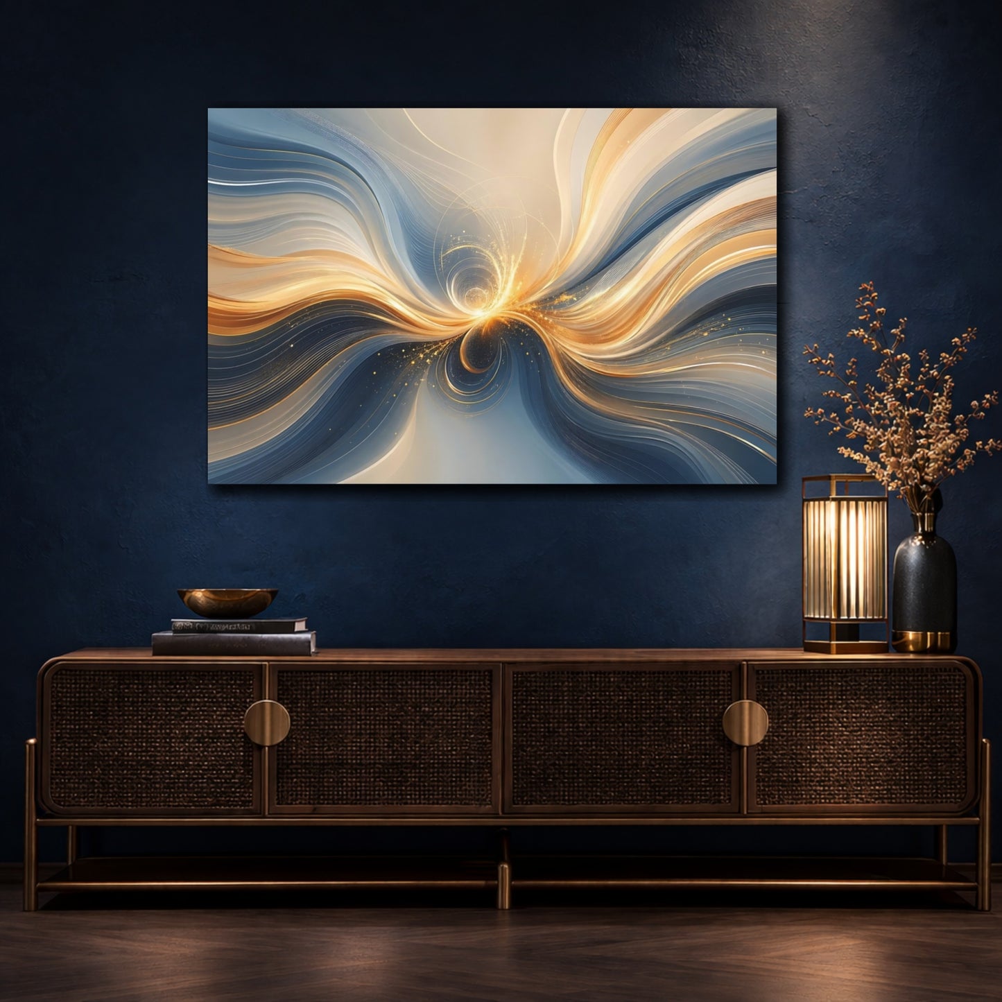Mockup 4. Abstract Light Burst Gold And Blue Abstract shown as stretched canvas wall art