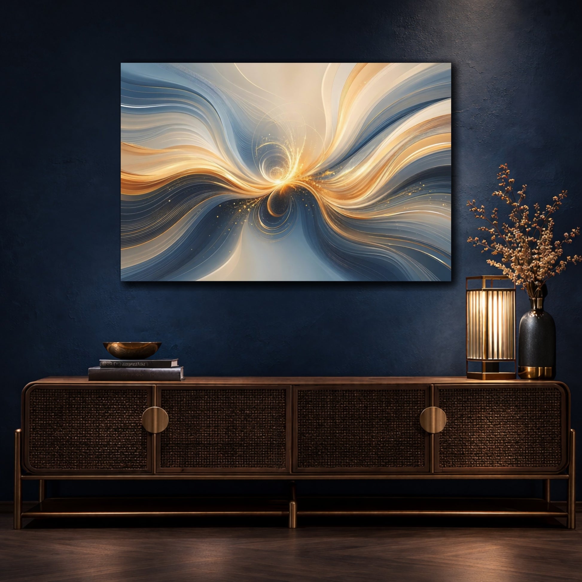 Mockup 4. Abstract Light Burst Gold And Blue Abstract shown as stretched canvas wall art