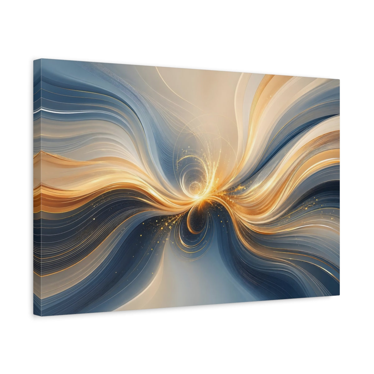 Side Mockup 3. Abstract Light Burst Gold And Blue Abstract shown as stretched canvas wall art