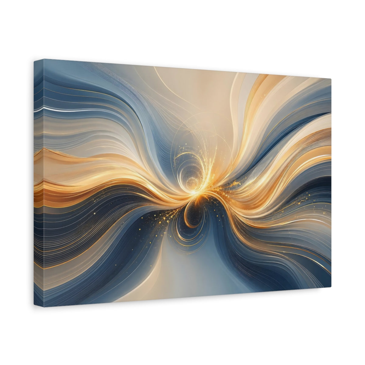 Side Mockup 4. Abstract Light Burst Gold And Blue Abstract shown as stretched canvas wall art