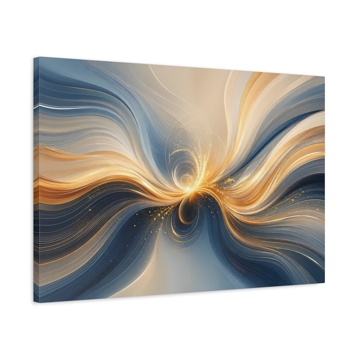 Side Mockup 2. Abstract Light Burst Gold And Blue Abstract shown as stretched canvas wall art