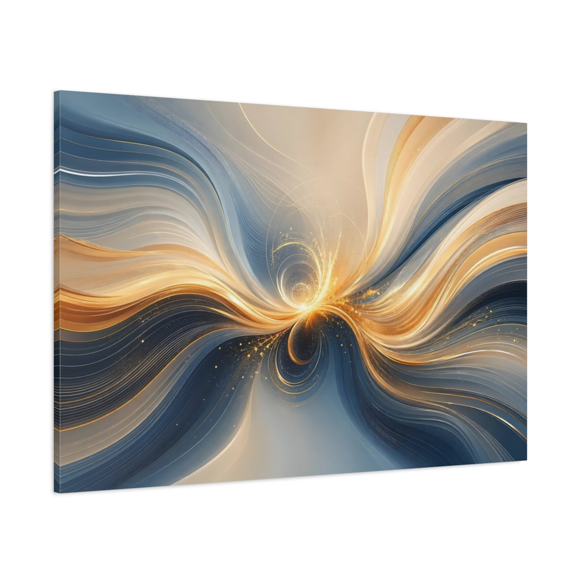 Side Mockup 1. Abstract Light Burst Gold And Blue Abstract shown as stretched canvas wall art
